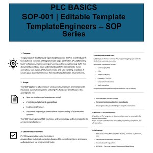 May include: A document titled "PLC BASICS SOP-001" with the subtitle "Editable Template Engineers - SOP Series." The document covers PLC fundamentals, scope, definitions, and references for industrial automation. It is designed for technicians and engineers.