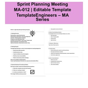 Può includere: Un documento intitolato "Sprint Planning Meeting MA-012 | Editable Template" con informazioni dettagliate sull'ordine del giorno della riunione. Il documento include sezioni su panoramica della riunione, scopo e formato standard, con elenchi puntati e un elenco di controllo.
