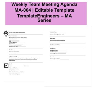 Op de afbeelding: Een wit document met een roze koptekst met de tekst "Weekly Team Meeting Agenda MA-004 | Editable Template TemplateEngineers - MA Series". Het document is een sjabloon voor teamvergaderingen, met secties voor agenda, actiepunten en vergaderinformatie.