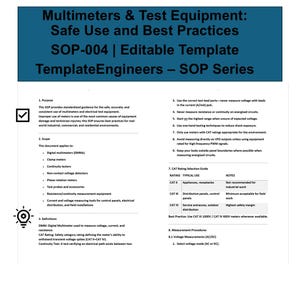 May include: A document titled "Multimeters & Test Equipment: Safe Use and Best Practices" with the SOP-004 template. The document provides guidance on the safe use of multimeters and electrical test equipment. It includes definitions, scope, and best practices.