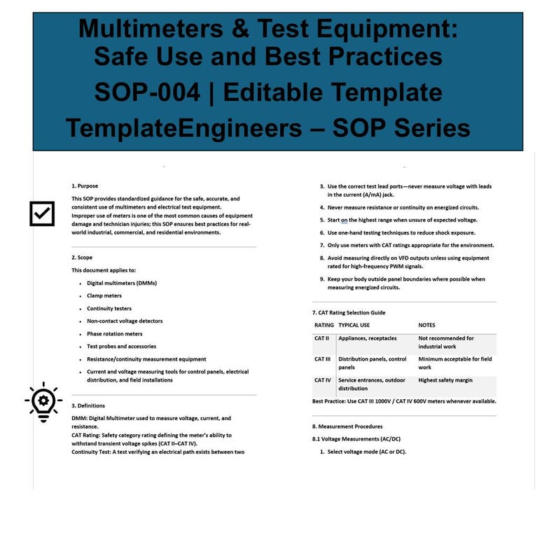 Multimeter & Electrical Test Equipment SOP Template | Safe Use, Best ...