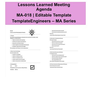 May include: A pink and white document titled "Lessons Learned Meeting Agenda" with the text "MA-018 | Editable Template TemplateEngineers - MA Series." The document includes bullet points and a checklist.