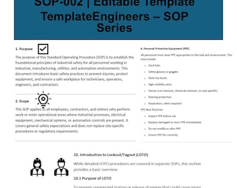 May include: A document titled "Industrial Safety Overview" with the SOP-002 editable template. The document outlines safety procedures for industrial environments, including PPE and Lockout/Tagout (LOTO) protocols. It covers scope, purpose, and best practices.