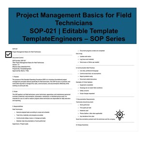 Könnte beinhalten: Ein blau-weißes Dokument mit dem Titel "Grundlagen des Projektmanagements für Feldtechniker" mit dem Text "SOP-021 | Bearbeitbare Vorlage". Das Dokument umreißt Projektmanagementprinzipien.