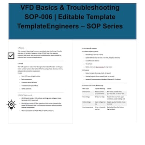 Puede incluir: Un documento técnico titulado "VFD Basics & Troubleshooting" con la designación SOP-006. El documento cubre los variadores de frecuencia, incluyendo principios de funcionamiento, componentes, alarmas, solución de problemas y prácticas de seguridad. El documento está diseñado para aplicaciones industriales y comerciales.