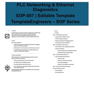 Op de afbeelding: Een document getiteld "PLC Networking & Ethernet Diagnostics" met SOP-007. Het document biedt een gestructureerde procedure voor het diagnosticeren en oplossen van problemen met industriële PLC-netwerken met behulp van Ethernet-gebaseerde communicatie. Het behandelt fundamentele netwerkconcepten en best practices.