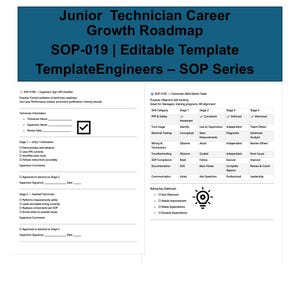 May include: A blue and white document titled "Junior Technician Career Growth Roadmap" with the text "SOP-019 | Editable Template." The document includes checklists, tables, and a rating key for technician skills and performance.