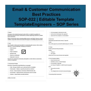 Puede incluir: Un documento titulado "Email & Customer Communication Best Practices" con el texto "SOP-022 | Editable Template". El documento describe las pautas para el correo electrónico profesional y la comunicación con el cliente, incluyendo el alcance, los principios y los elementos de acción.