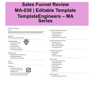 May include: A document titled "Sales Funnel Review MA-030 | Editable Template" with a pink header. The document includes sections on purpose, meeting type, recommended attendees, suggested frequency, and key metrics to track. The document is a template.