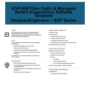 Könnte beinhalten: Ein technisches Dokument mit dem Titel "SOP-008 Fiber Optic & Managed Switch Diagnostics | Editable Template". Es enthält Anweisungen für Techniker zu Glasfaserdiagnostik, Sicherheit und Fehlerbehebung bei verwalteten Switches.