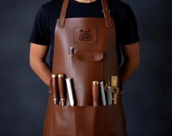 Handcrafted Leather Work Apron – Personalized Custom Name, Heavy Duty Woodworking & BBQ Style, Multi-Pocket Design
