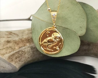 Owl Necklace, Gold Coin Owl Necklace, Athena Necklace, Nyx Necklace, Owl Talisman Necklace, 14k Gold Coin Necklace, Gold Wax Seal Necklace