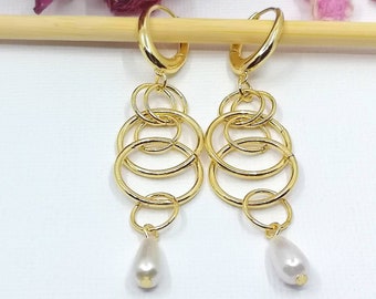 Pearl Statement Earrings, Gold Pearl Earrings, Geometric Pearl Earrings, Pearl Drop and Dangle Earrings, Wedding Earrings, Gifts for Her