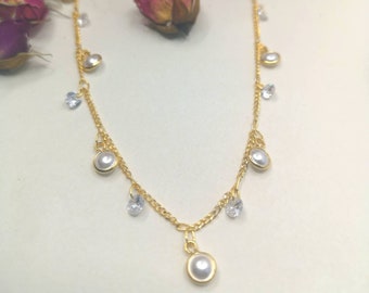 Pearl and Crystal Necklace, Gold Chain Pearl Choker, Layering Necklace, Dainty Pearl Chain, Gold Choker, Gifts for Her, Crystal Necklace,