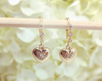 Evil Eye Heart Earrings, Gold Heart Earrings, 14k Gold Plated Heart Huggies, Cubic Zirconia Heart Earrings, Valentine's Day Earrings