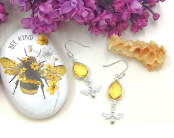 Nature-Inspired Sterling Silver Citrine Bee Dangle Earrings, Silver Bee Earrings, Citrine Bee Earrings, Sterling Silver Bee Earrings