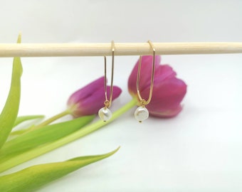 Pearl Gold Wire Earrings, Gold Pearl Earrings, 14k Gold Pearl Earrings, Freshwater Pearl Earrings, 14k Gold Pearl Drops, Gifts for Her