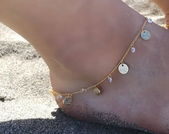 Gold Coin Anklet with Crystal Beads, Gold Anklet, Coin Anklet, Boho Anklet, Body Jewelry, Gifts for Her, Anklets, Beach Wear