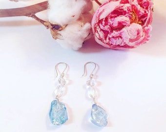 Aqua Aura and Quartz Crystal Sterling Silver Earrings, Crystal Earrings, Quartz Earrings, Silver Crystal Dangle Earrings, Gifts for Her