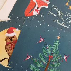 Jeu de cartes de Noël animaux fantaisistes, jeu de cartes de Noël sur le thème de la forêt, jeu de cartes postales joyeuses fêtes, joyeux Hanoukka, cartes de Noël païennes