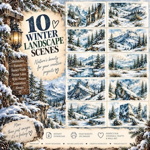 May include: A digital collection of 10 winter landscape scenes featuring snowy mountains, pine forests, and frozen lakes. The display includes a vintage-style lantern, a wooden sign with text, and various watercolour-style illustrations of nature.