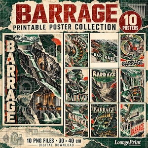 Può includere: Una collezione digitale di 10 poster stampabili intitolata BARRAGE, con illustrazioni di dighe industriali e centrali idroelettriche. Le opere mostrano paesaggi montani, flussi d'acqua e progetti tecnici in uno stile vintage usurato.