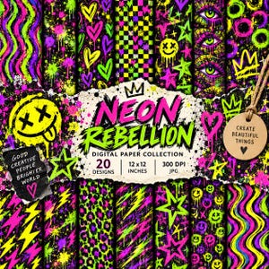 May include: A digital paper collection titled Neon Rebellion featuring 20 designs in 30.48x30.48 cm at 300 DPI. The patterns include neon hearts, smiley faces, stars, leopard print, lightning bolts, and eyes on black backgrounds with paint splatters.