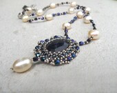 Sapphire Pendant with natural pearls - pink natural pearls - seed bead jewelry