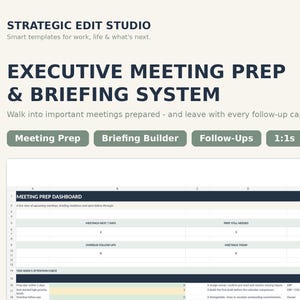 Może przedstawiać: Cyfrowy szablon arkusza kalkulacyjnego zatytułowany Executive Meeting Prep & Briefing System od Strategic Edit Studio. Układ zawiera pulpit nawigacyjny przygotowania do spotkań z sekcjami dotyczącymi spotkań, działań następczych i wykres.