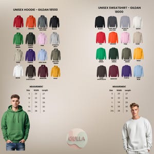 May include: Image of unisex hoodies and sweatshirts in a range of colours, with a size chart and two models. The image includes a colour chart and size measurements. The apparel is from Gildan.
