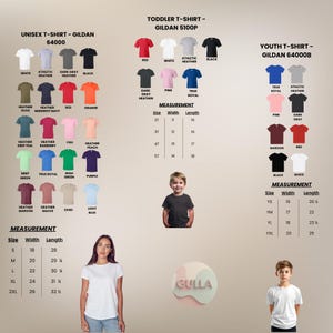 May include: A product catalogue displaying Gildan t-shirts for unisex, toddler, and youth sizes. The shirts are available in various colours, with size and measurement details. Models are shown wearing the shirts.
