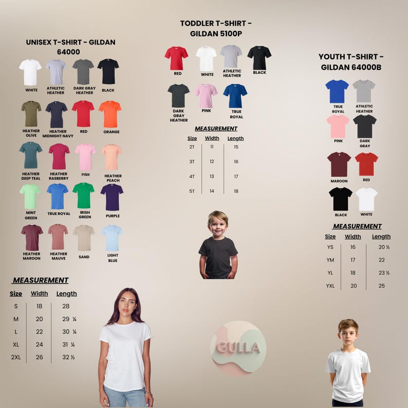 May include: A product catalogue displaying Gildan t-shirts for unisex, toddler, and youth sizes. The shirts are available in various colours, with size and measurement details. Models are shown wearing the shirts.