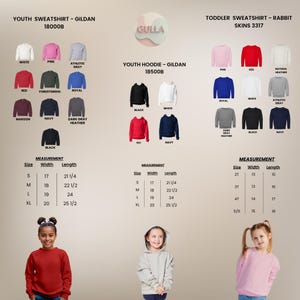 May include: An image displaying youth and toddler sweatshirts and hoodies in a range of colours. The image includes size and measurement details for each garment, with options like white, pink, red, and navy. The sweatshirts are from Gildan and Rabbit Skins.