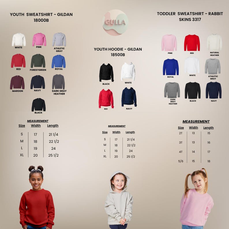 May include: An image displaying youth and toddler sweatshirts and hoodies in a range of colours. The image includes size and measurement details for each garment, with options like white, pink, red, and navy. The sweatshirts are from Gildan and Rabbit Skins.