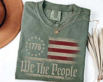 Comfortkleuren T-shirt we The People, 250e verjaardag, patriottisch shirt voor dames, heren vintage cadeau VS vlag, shirt geschiedenis 1776, Labor Day