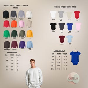 May include: Image showing Gildan 18000 unisex sweatshirts in colours like black, grey, and white, alongside Rabbit Skins 4400 onesies in various shades. Measurement charts are also displayed for both garment types.