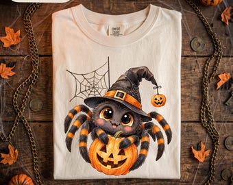 Könnte beinhalten: Ein elfenbeinfarbenes T-Shirt mit einer Grafik einer flauschigen schwarz-orangen Spinne, die einen schwarzen Hexenhut mit orangefarbenem Band trägt. Die Spinne hält einen geschnitzten Kürbis, im Hintergrund sind ein kleiner Kürbis und ein Spinnennetz.