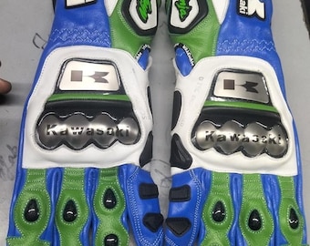 Kawasaki ninja racing motorcycle gloves – blue green white leather protective biker gloves