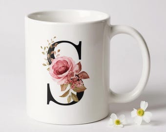 Personalized Floral Initial Mug, Custom Letter Ceramic Coffee Cup