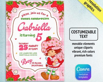 Invitación de Tarta de Fresa, Primer Cumpleaños con Frutos Rojos, Tema de Tarta de Fresa, Invitación Editable para Niñas, Plantilla Imprimible para Fiesta de Dulces