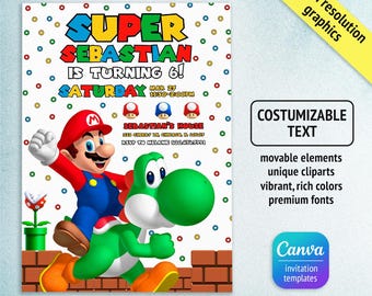 Invitación de Mario Bros, invitación de cumpleaños para niño o niña, invitación de la película de Super Mario, invitaciones impresas, plantilla de invitación de cumpleaños de videojuegos