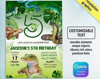 Invitación de reptil, invitación de cumpleaños imprimible, invitación de reptil editable, invitación de lagarto, invitaciones impresas, plantilla de invitación de serpiente