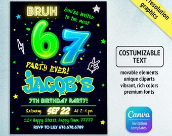 Invitación de cumpleaños para Six Seven Party, invitación imprimible para Six Seven, plantilla de fiesta de meme 6 7 editable, plantilla digital, cumpleaños de niña y niño