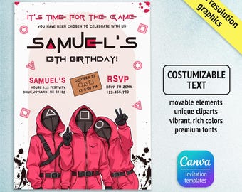 Invitación a la fiesta de Squid Games, invitación de cumpleaños con tarjeta de reclutamiento, invitación imprimible, plantilla de invitación de Dorama, invitación editable