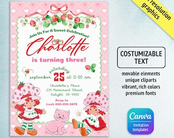 Invitación de Tarta de Fresa, Primer Cumpleaños con Frutos Rojos, Tema de Tarta de Fresa, Invitación Editable para Niñas, Plantilla Imprimible para Fiesta de Dulces