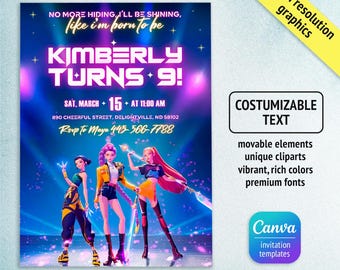 Invitación de cumpleaños de cazadores de demonios de Kpop, invitación editable para fiesta de Kpop, tarjeta digital con temática de BTS, decoración de fiesta de cumpleaños de cazadores de demonios para fans