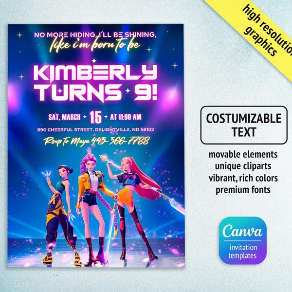 Kpop Demon Hunters Birthday Invitation, Editable K-pop Party Invite, BTS Themed Digital Card, Demon Huntrix Birthday Party Decor for Fans