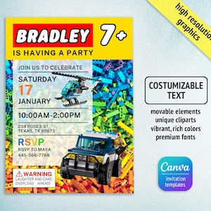 May include: A vibrant invitation card featuring a yellow header with "BRADLEY 7+ IS HAVING A PARTY." The design includes toy block vehicles, event details, and a warning about laughter and cake. The card is for a party.