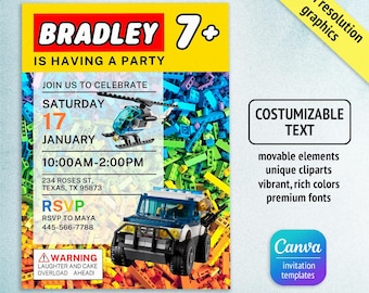 Invitación de bloques de construcción, invitación de ladrillos, plantilla de invitación editable e imprimible, plantilla de invitación de coche de policía de construcción, 1.er, 2.º y 3.er cumpleaños