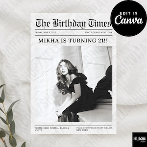Plantilla de invitación del periódico The Birthday Times para fiestas de cumpleaños de adultos mayores (18, 19, 20, 21, 25, 30, 60 y 70 años)